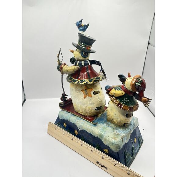 Vtg Primitive Tin Sankyo Christmas Wind Up Music Box Sledding Animated Snowman - Picture 5 of 6